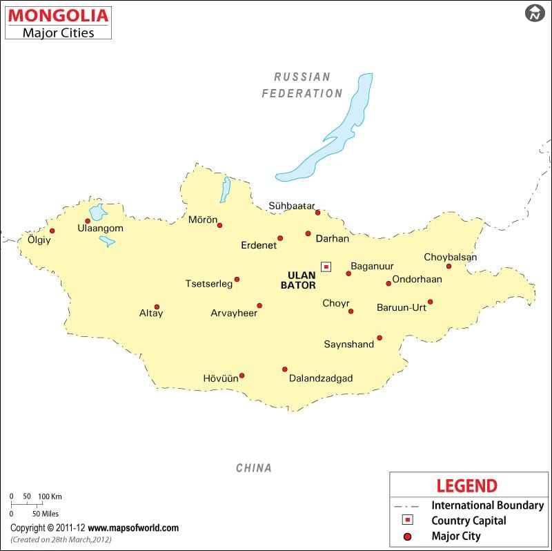 Мапа Монголије са градовима